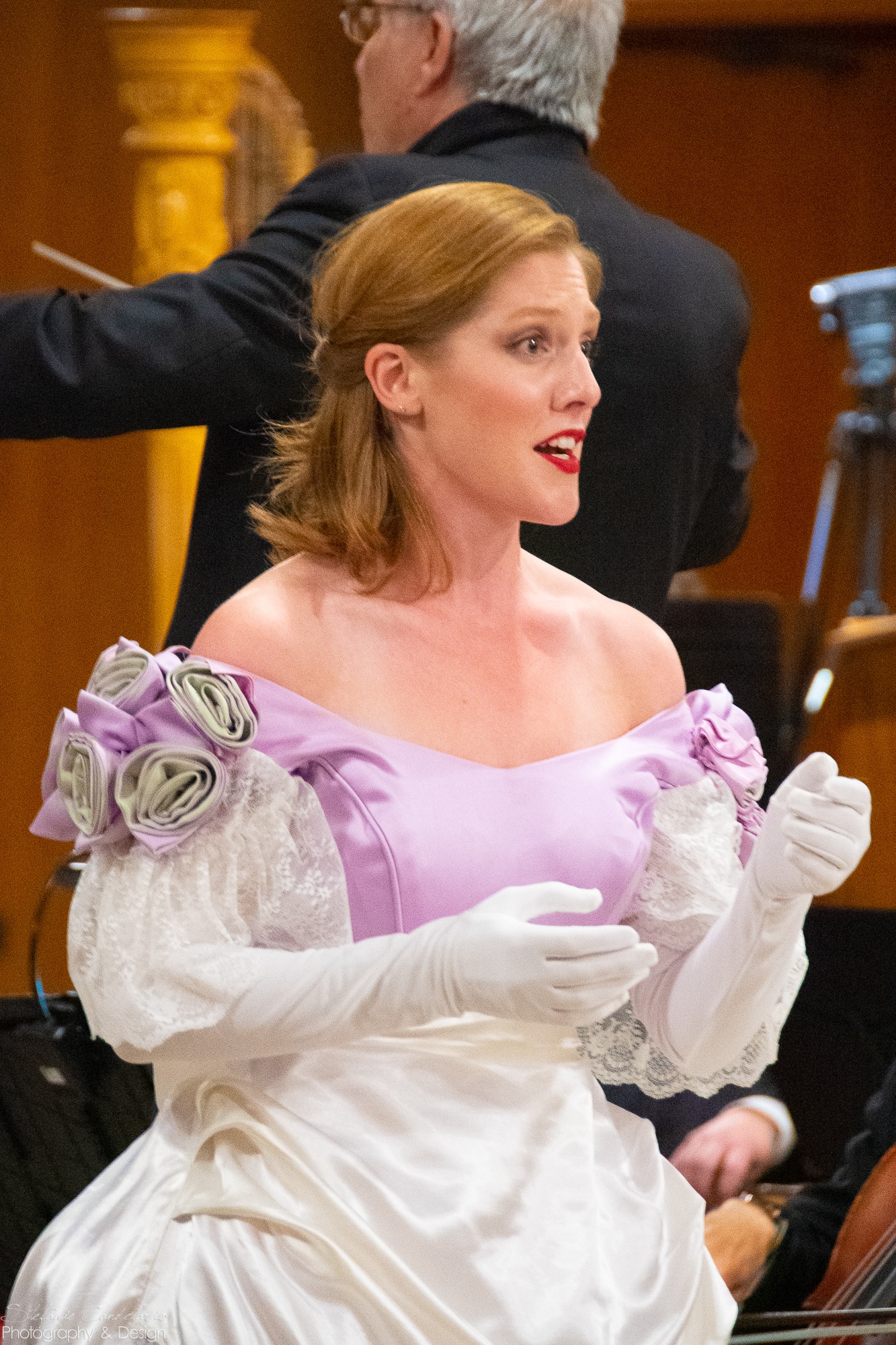 Female Riverside Opera singer in a lavender and white gown